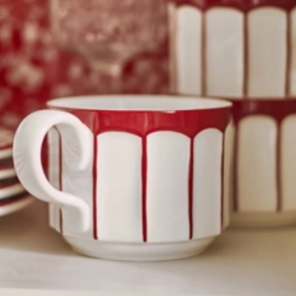 NWT Anthropologie Stoneware Mug Red White Latte Stoneware Mug Boulevard Edition - Picture 1 of 3